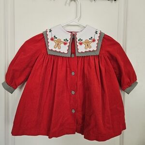 Vintage Bonnie Baby Red Baby Dress with Embroidered Gingerbread Collar - 24mo